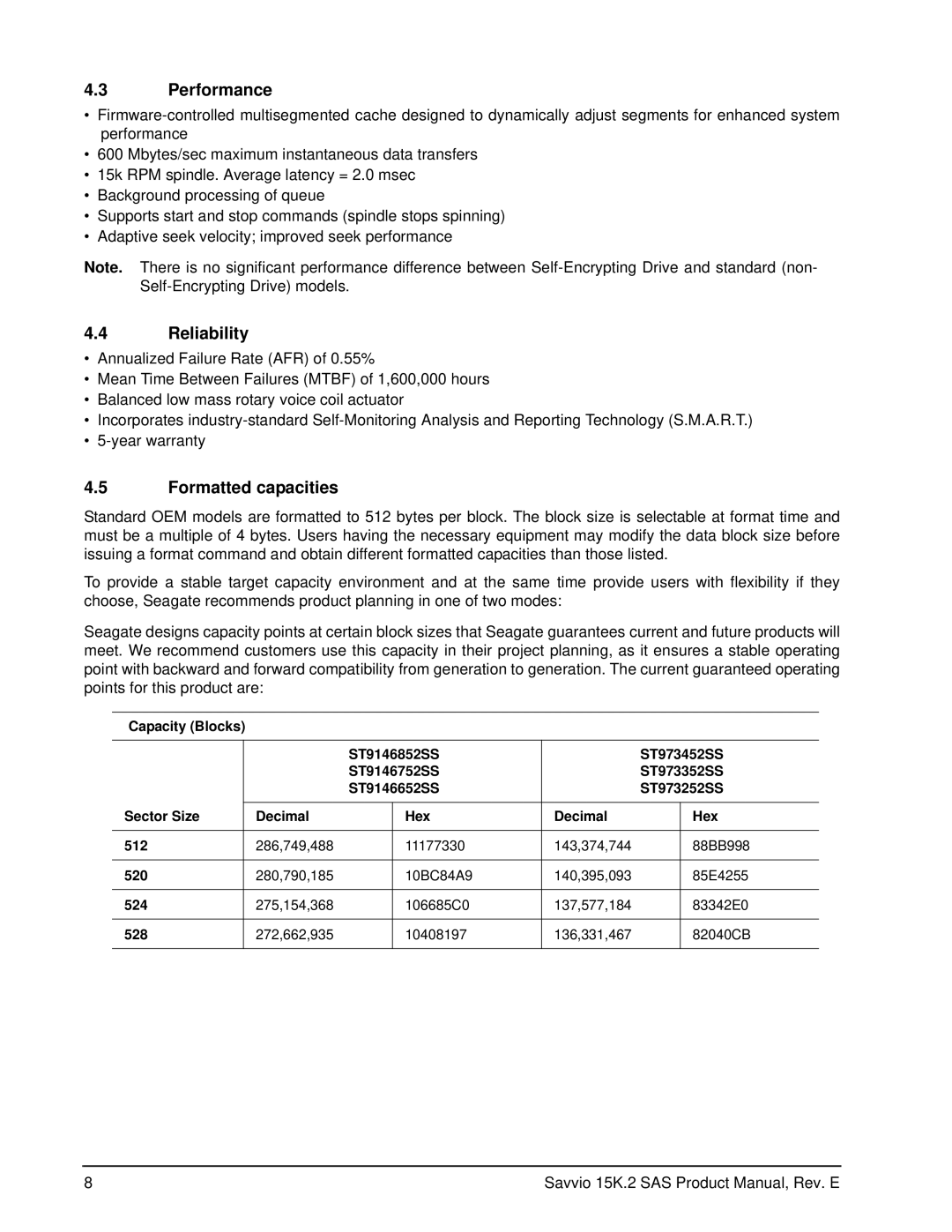 Seagate ST9146852SS, ST973452SS, ST973352SS, ST973252SS, ST9146752SS manual Performance, Reliability, Formatted capacities 