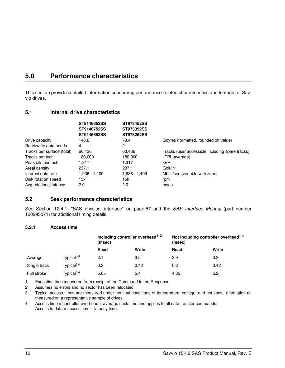 Seagate ST973452SS manual Performance characteristics, Internal drive characteristics, Seek performance characteristics 