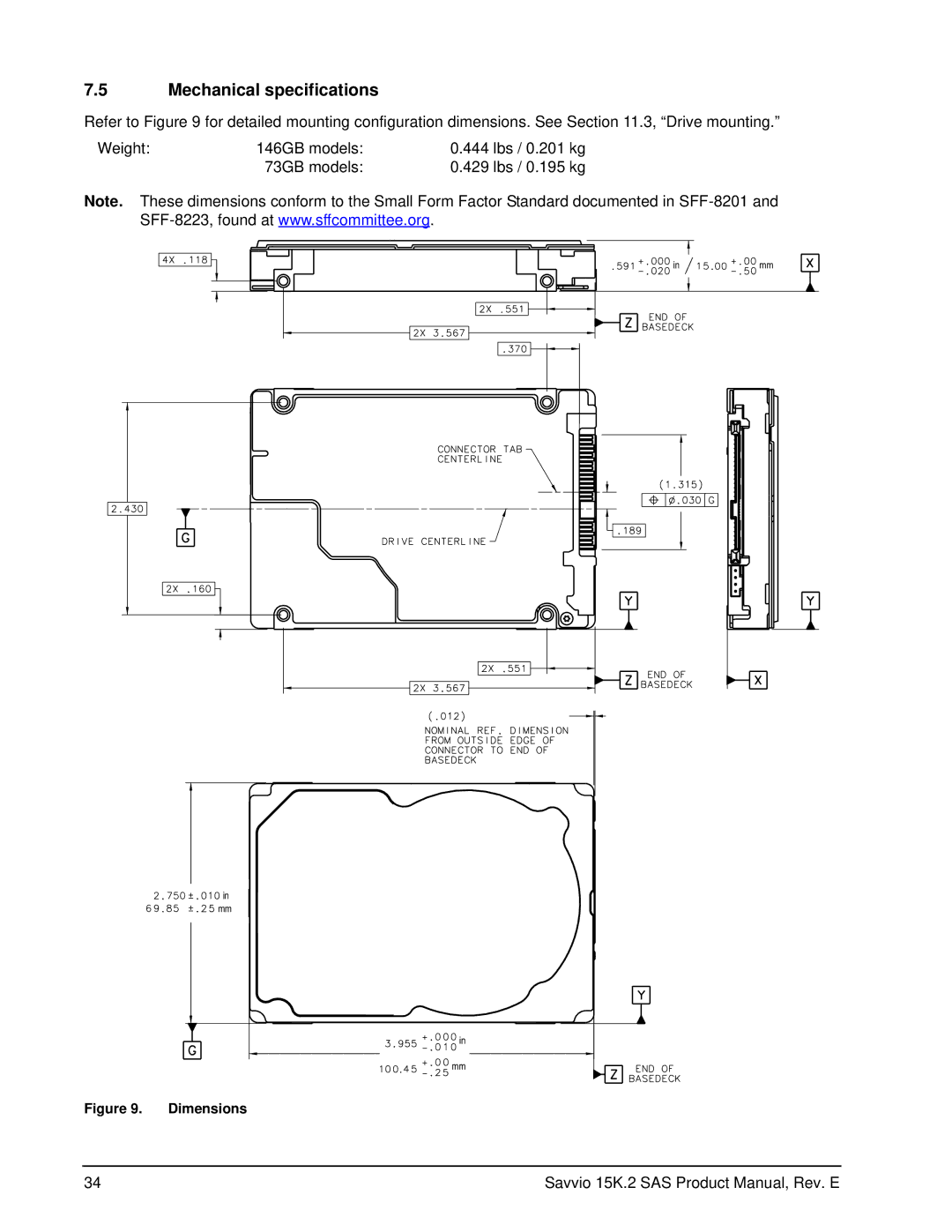 Seagate ST973452SS, ST973352SS, ST973252SS, ST9146752SS, ST9146852SS, ST9146652SS manual Mechanical specifications, Dimensions 