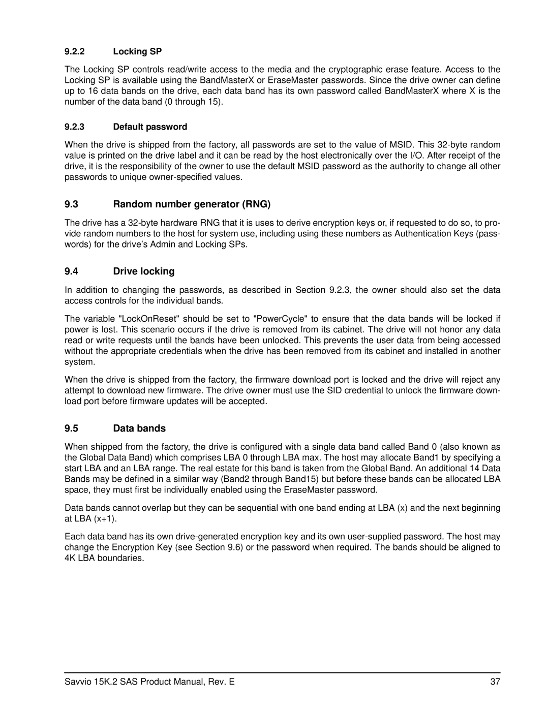 Seagate ST9146752SS, ST973452SS manual Random number generator RNG, Drive locking, Data bands, Locking SP, Default password 