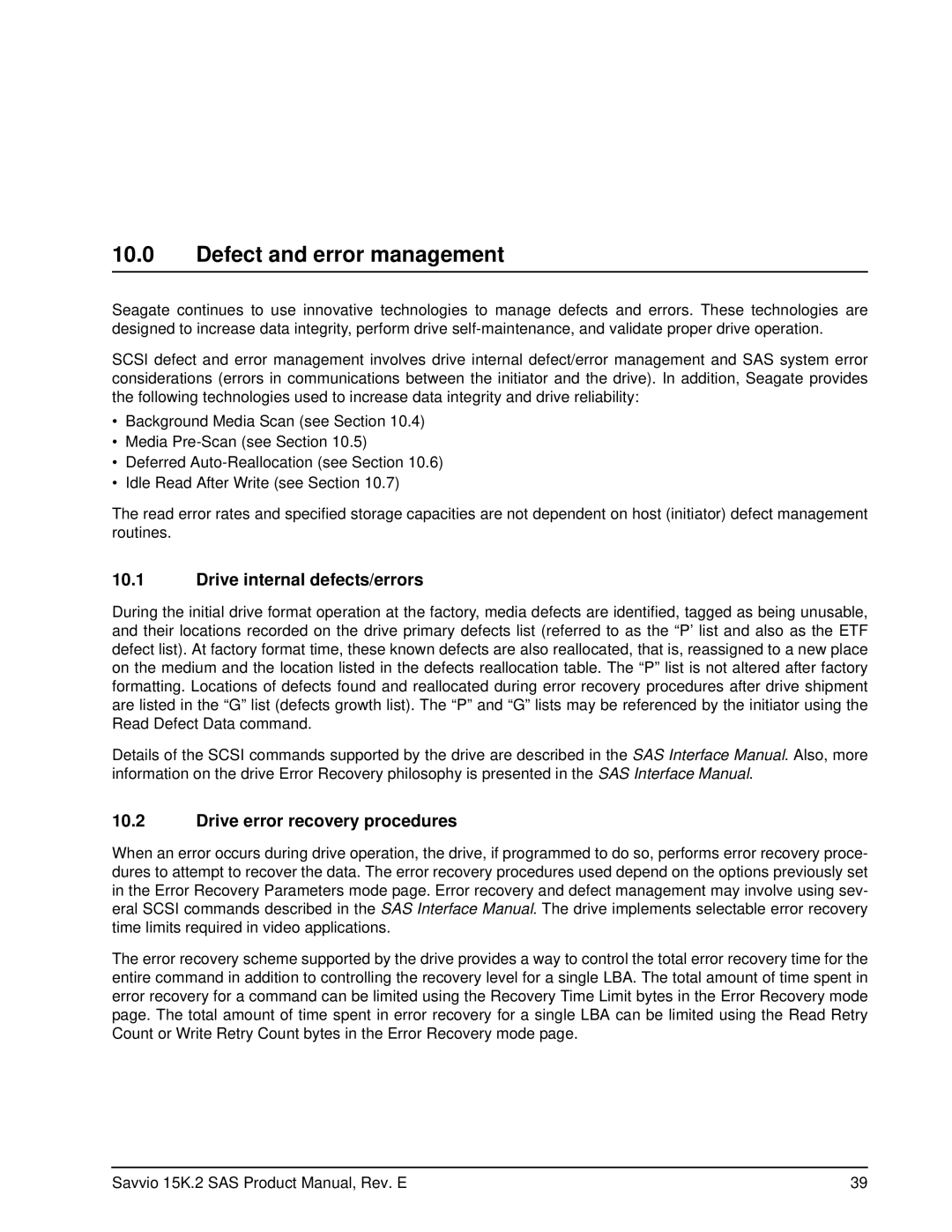 Seagate ST9146652SS manual Defect and error management, Drive internal defects/errors, Drive error recovery procedures 