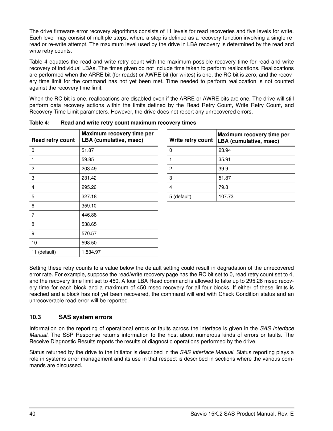 Seagate ST973452SS, ST973352SS, ST973252SS, ST9146752SS, ST9146852SS, ST9146652SS manual SAS system errors 