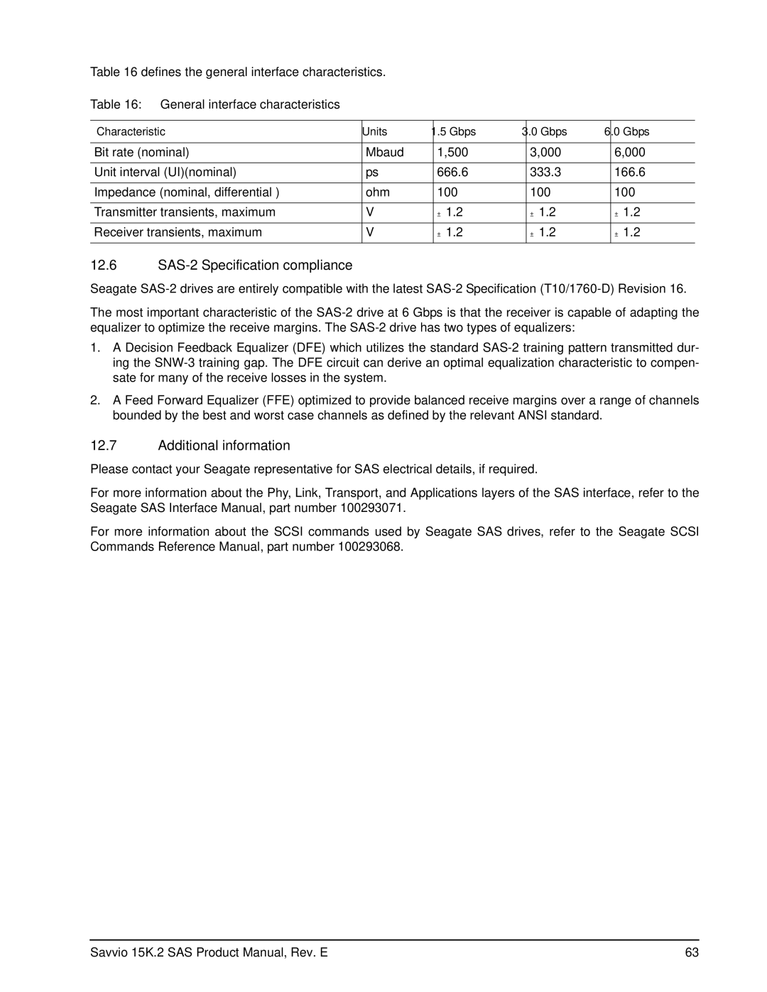 Seagate ST9146652SS, ST973452SS SAS-2 Specification compliance, Additional information, General interface characteristics 