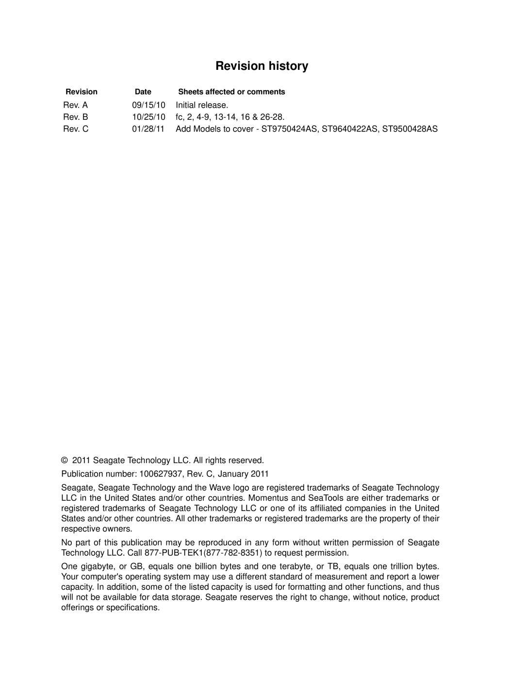 Seagate ST9750423ASG, ST9750422AS, ST9750424AS, ST9750420ASG Revision history, Revision Date Sheets affected or comments 