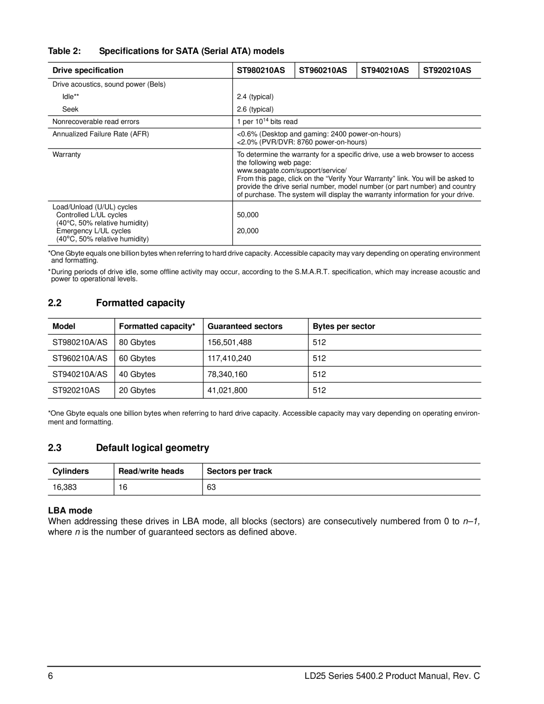 Seagate ST940210AS, ST980210AS, ST960210AS, ST920210AS manual Formatted capacity, Default logical geometry, LBA mode 