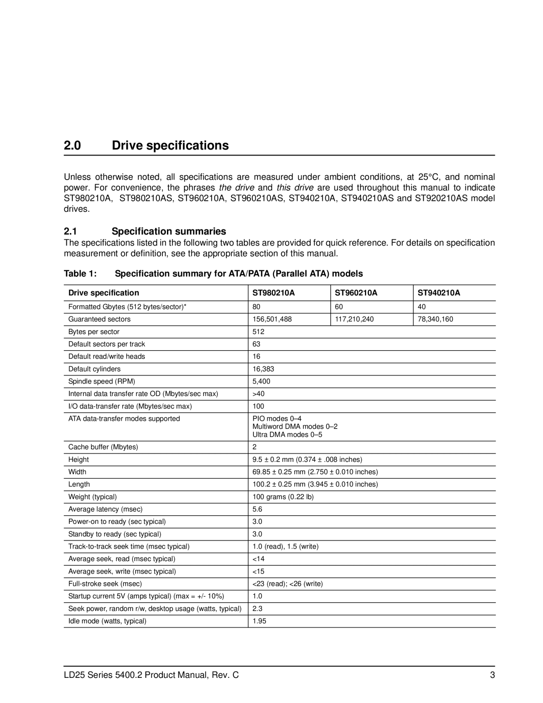 Seagate ST960210AS, ST980210AS manual Specification summaries, Specification summary for ATA/PATA Parallel ATA models 