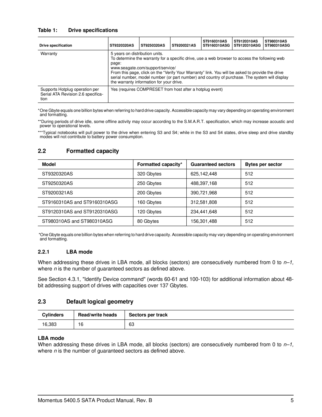 Seagate ST9200321AS, ST980310ASG, ST9320320AS, ST9250320AS manual Formatted capacity, Default logical geometry, LBA mode 