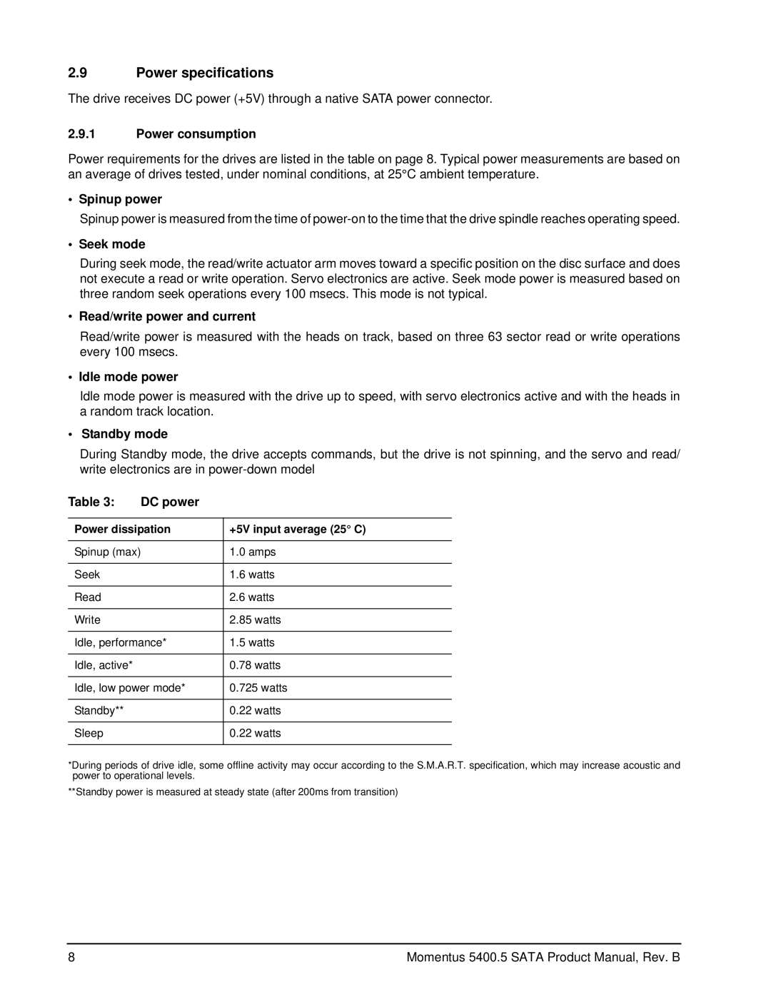 Seagate ST9120310ASG, ST980310ASG, ST9320320AS, ST9250320AS, ST9200321AS, ST9160310ASG manual Power specifications 