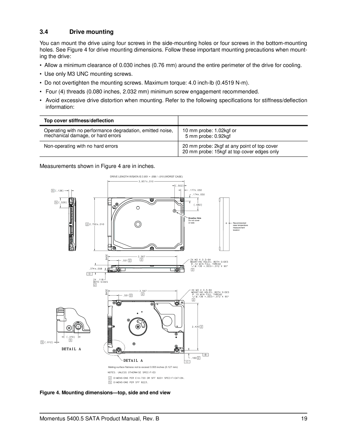 Seagate ST980310ASG, ST9320320AS, ST9250320AS, ST9200321AS, ST9160310ASG manual Drive mounting, Top cover stiffness/deflection 