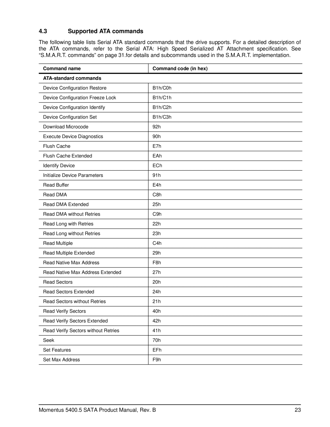 Seagate ST9200321AS, ST980310ASG manual Supported ATA commands, Command name Command code in hex ATA-standard commands 