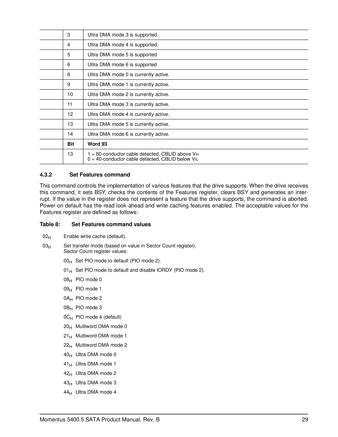 Seagate ST980310ASG, ST9320320AS, ST9250320AS, ST9200321AS, ST9160310ASG, ST9120310ASG manual Set Features command values 