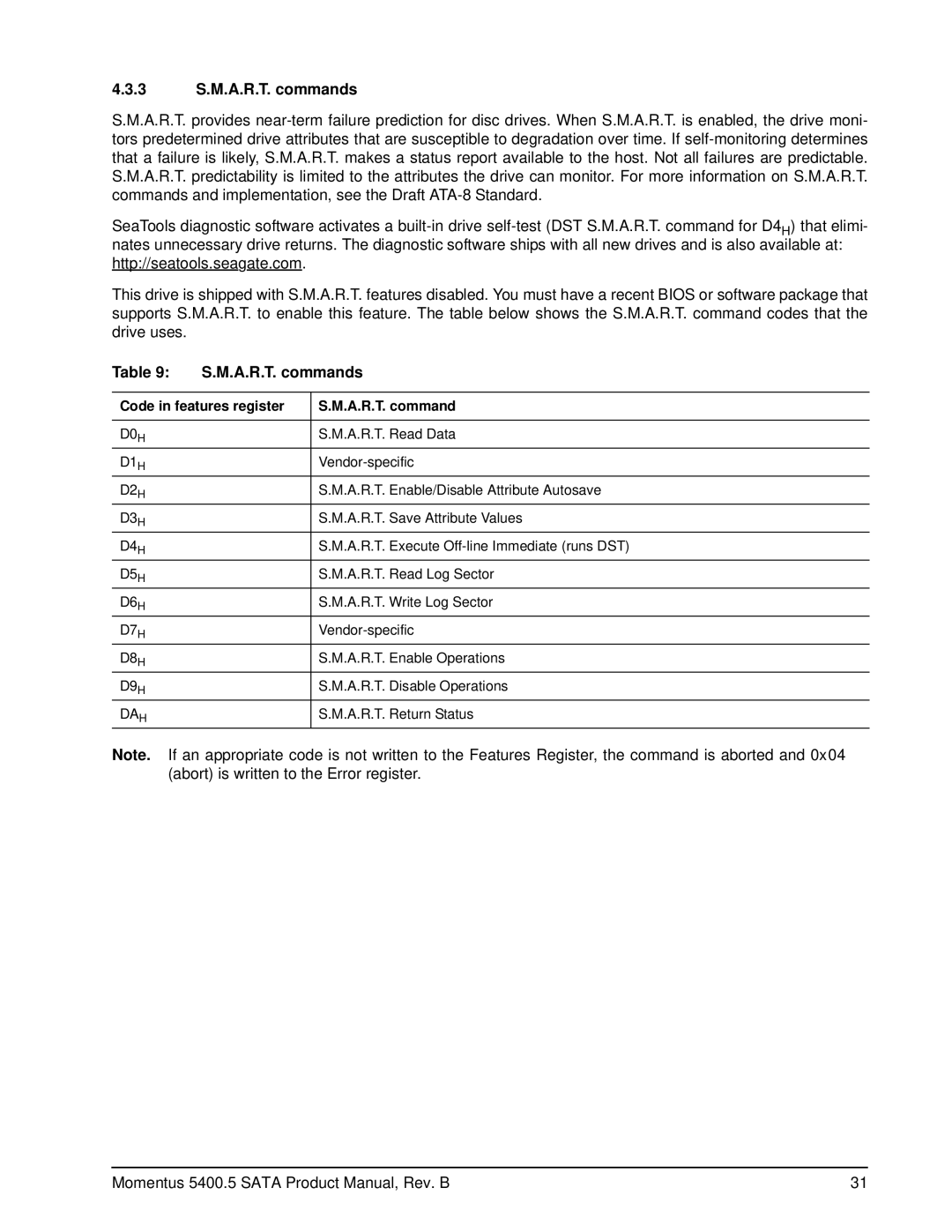 Seagate ST9250320AS, ST980310ASG, ST9320320AS, ST9200321AS 3 S.M.A.R.T. commands, Code in features register A.R.T. command 