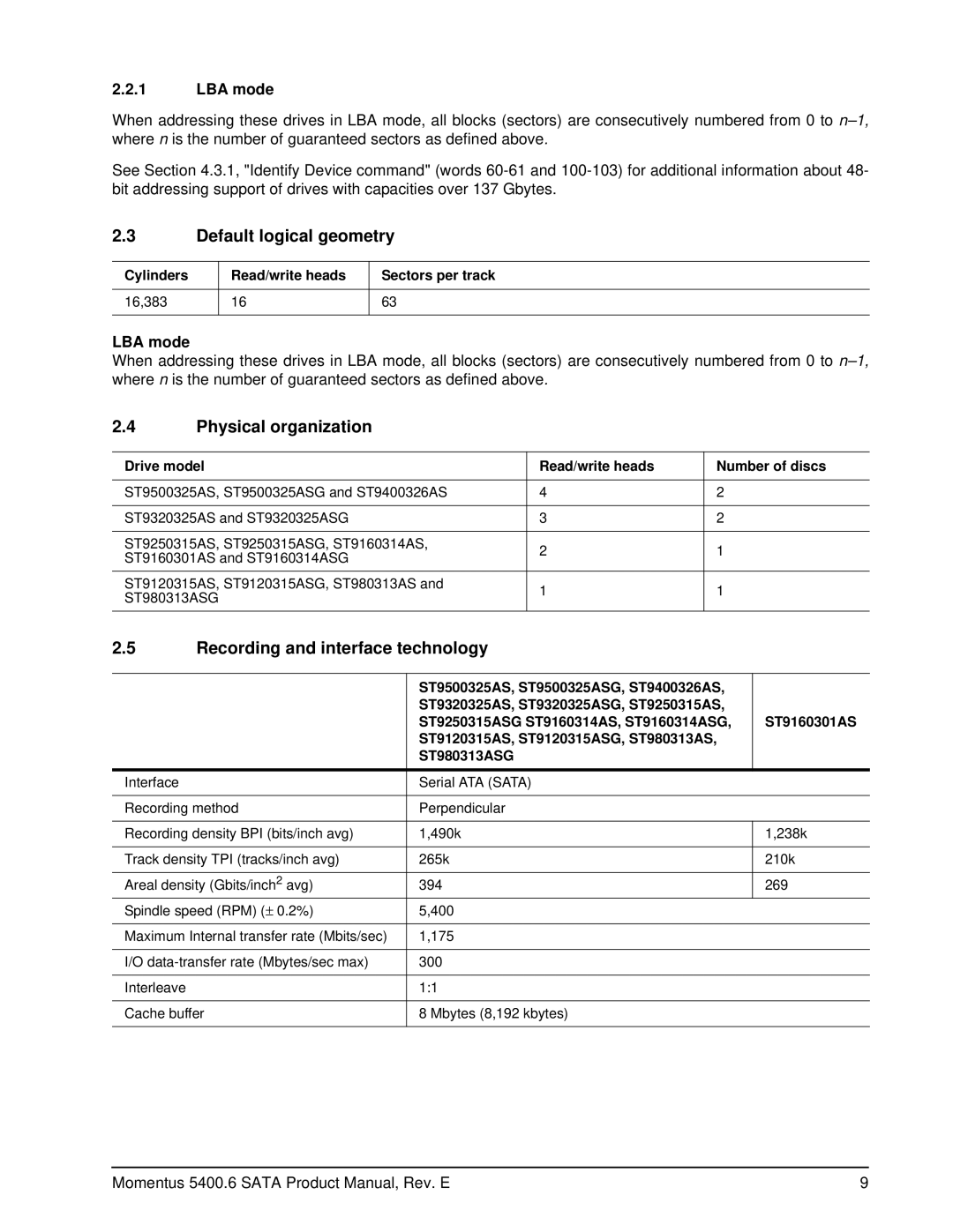 Seagate ST980313AS manual Default logical geometry, Physical organization, Recording and interface technology, LBA mode 