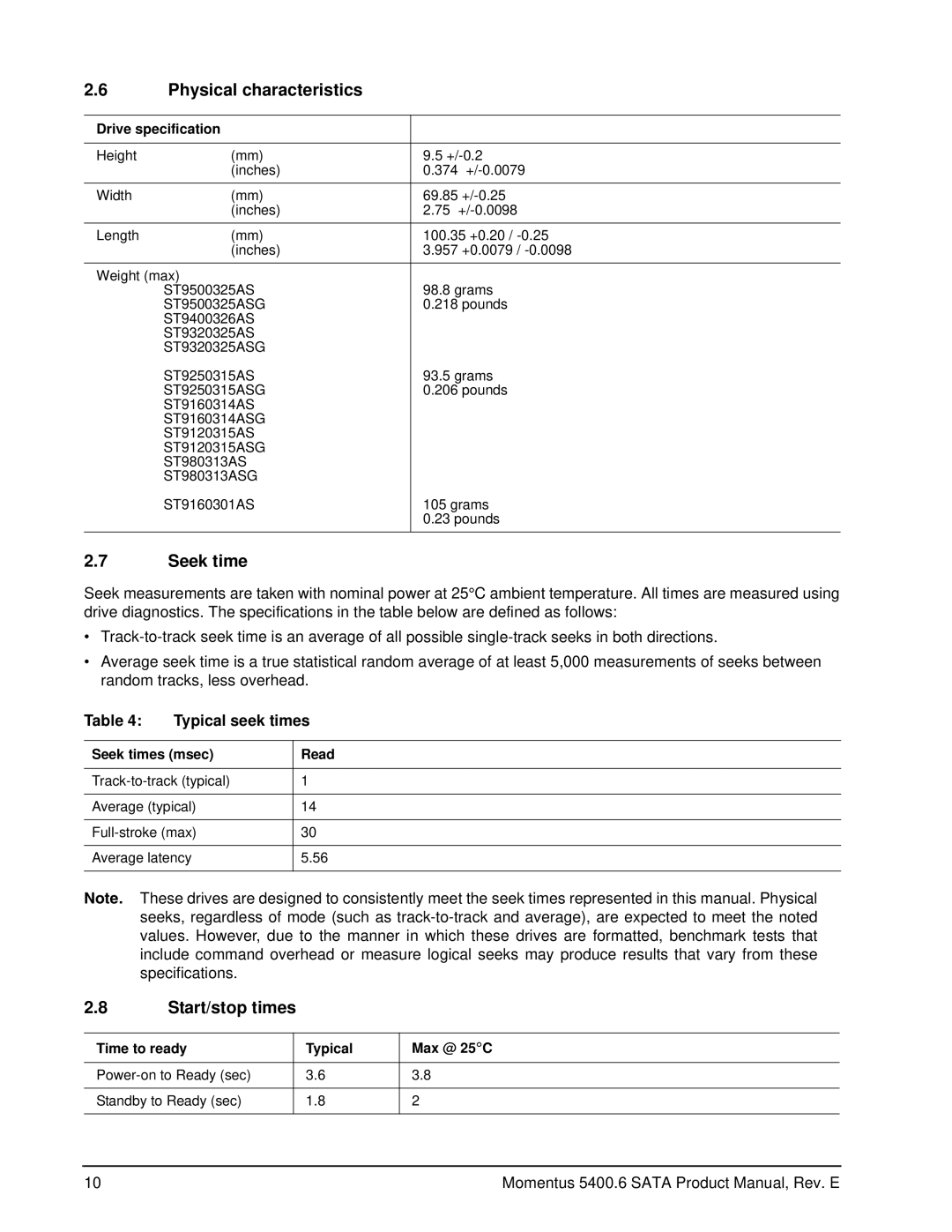 Seagate ST980313ASG, ST9500325ASG, ST9400326AS Physical characteristics, Seek time, Start/stop times, Typical seek times 