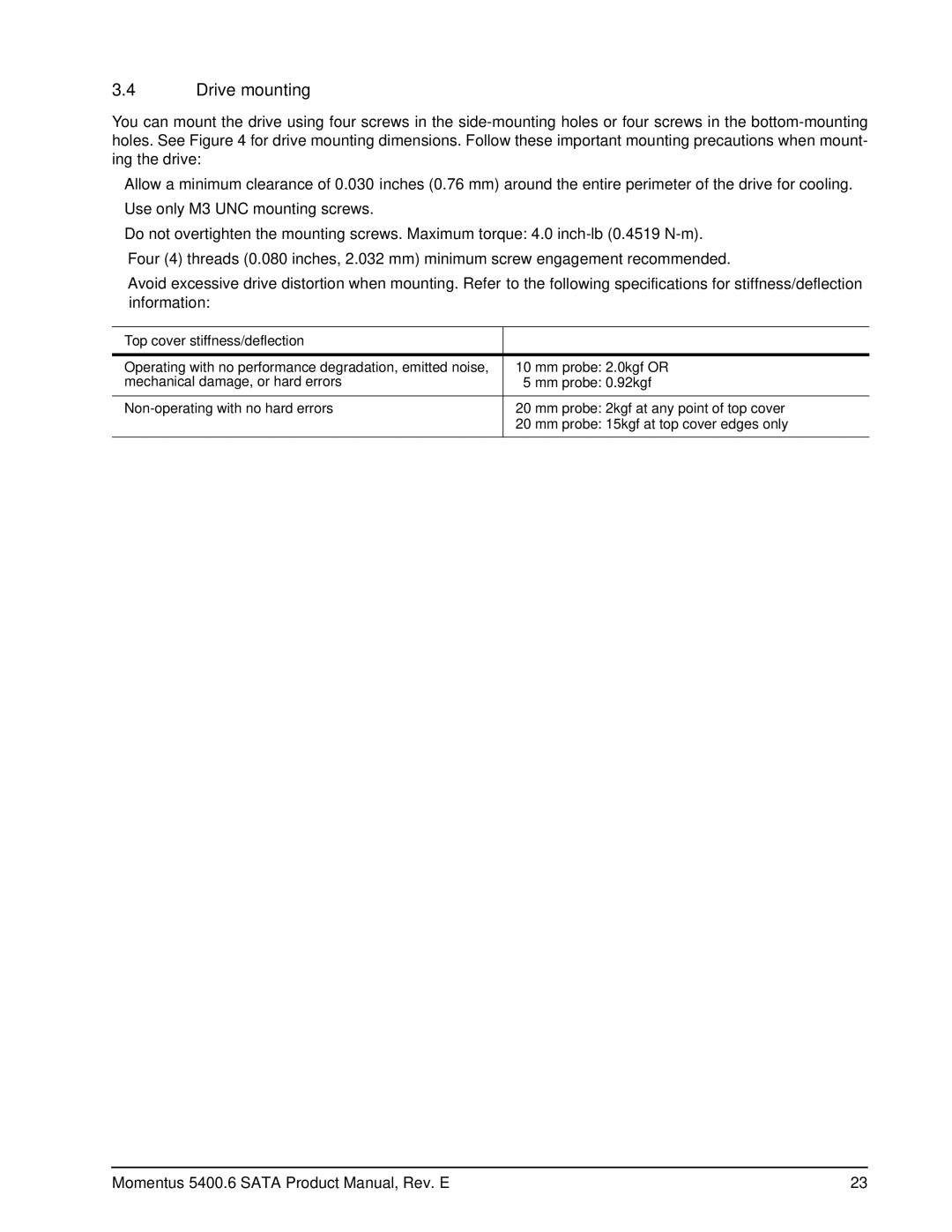 Seagate ST980313ASG, ST9500325ASG, ST9400326AS, ST9320325ASG manual Drive mounting, Top cover stiffness/deflection 