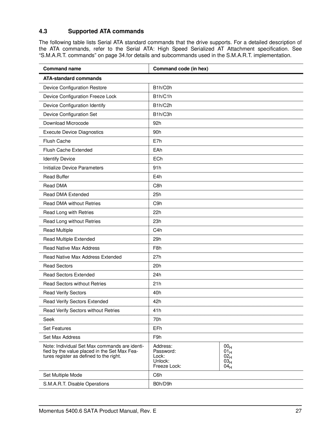 Seagate ST9320325ASG, ST980313ASG manual Supported ATA commands, Command name Command code in hex ATA-standard commands 