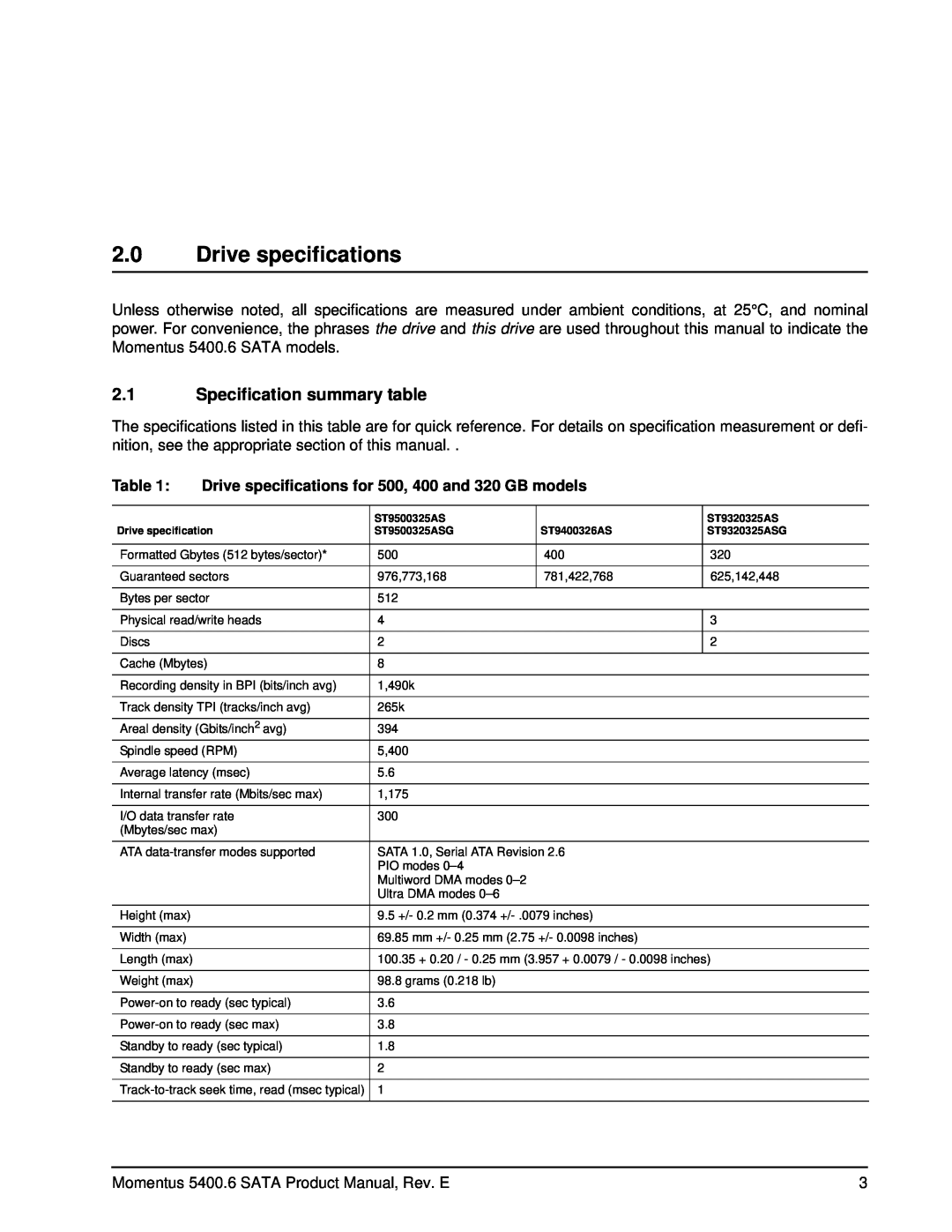 Seagate ST9160301AS, ST980313ASG manual Specification summary table, Drive specifications for 500, 400 and 320 GB models 