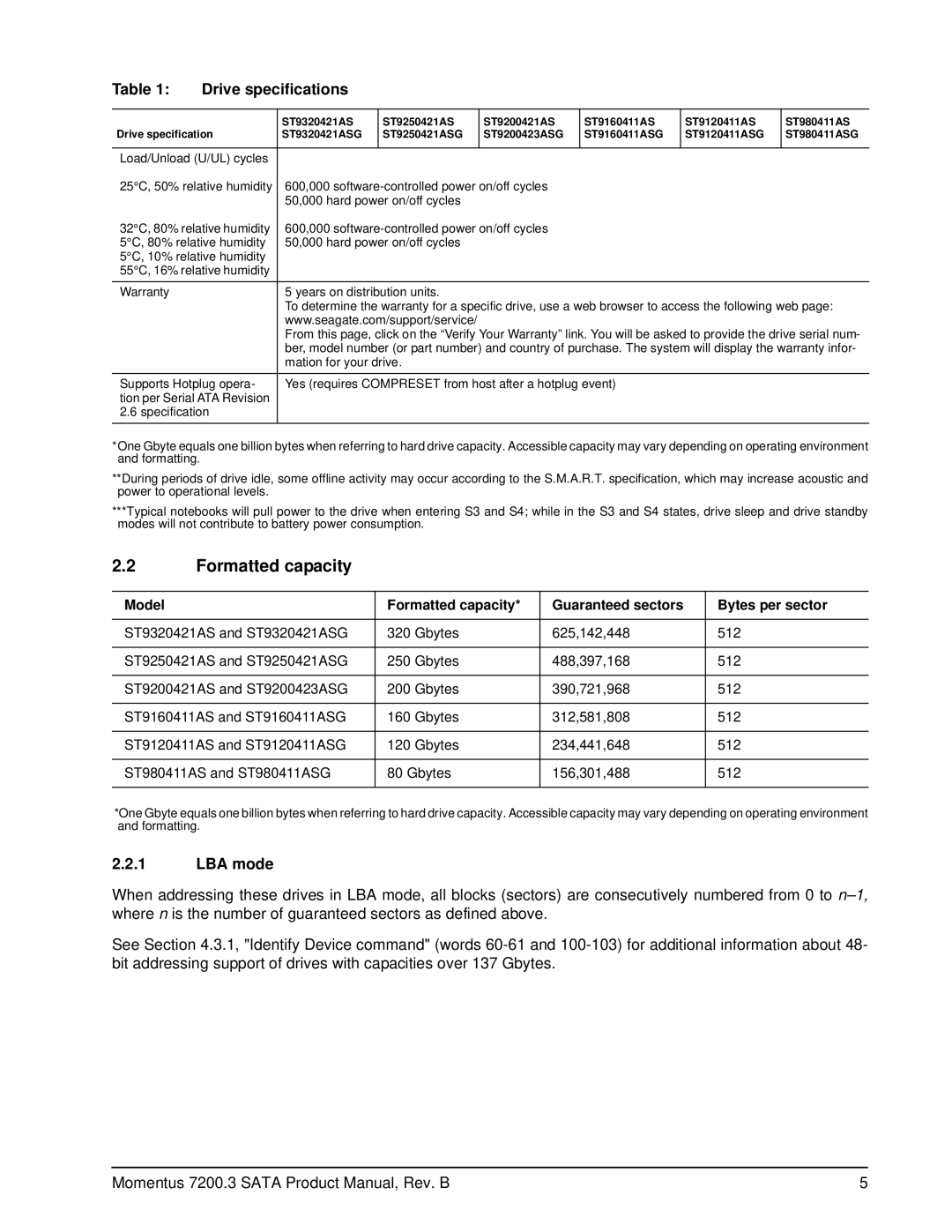 Seagate ST9120411AS, ST980411ASG, ST9320421ASG, ST9250421ASG, ST9200423ASG, ST9200421AS manual Formatted capacity, LBA mode 