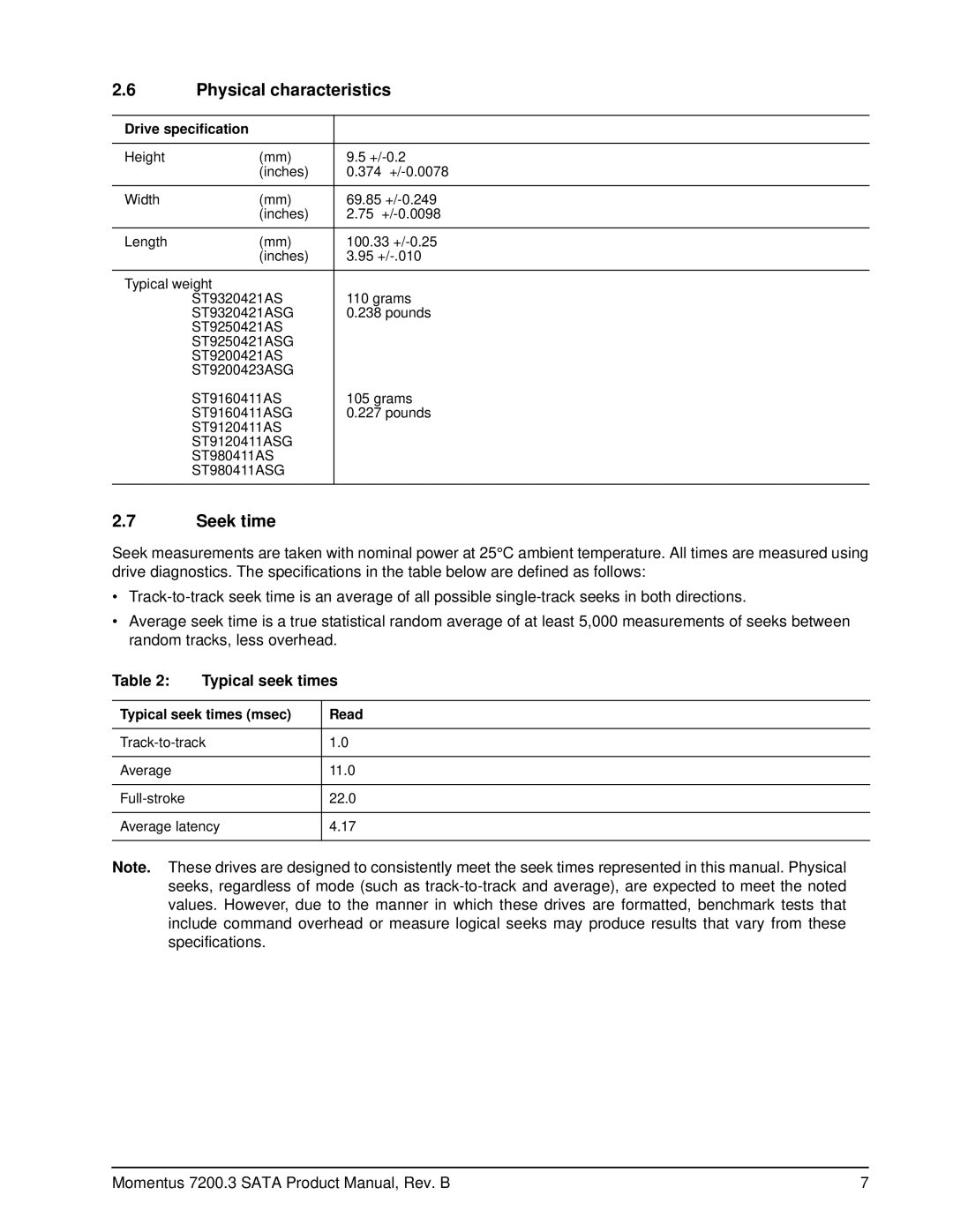 Seagate ST980411ASG, ST9320421AS manual Physical characteristics, Seek time, Typical seek times, Drive specification 