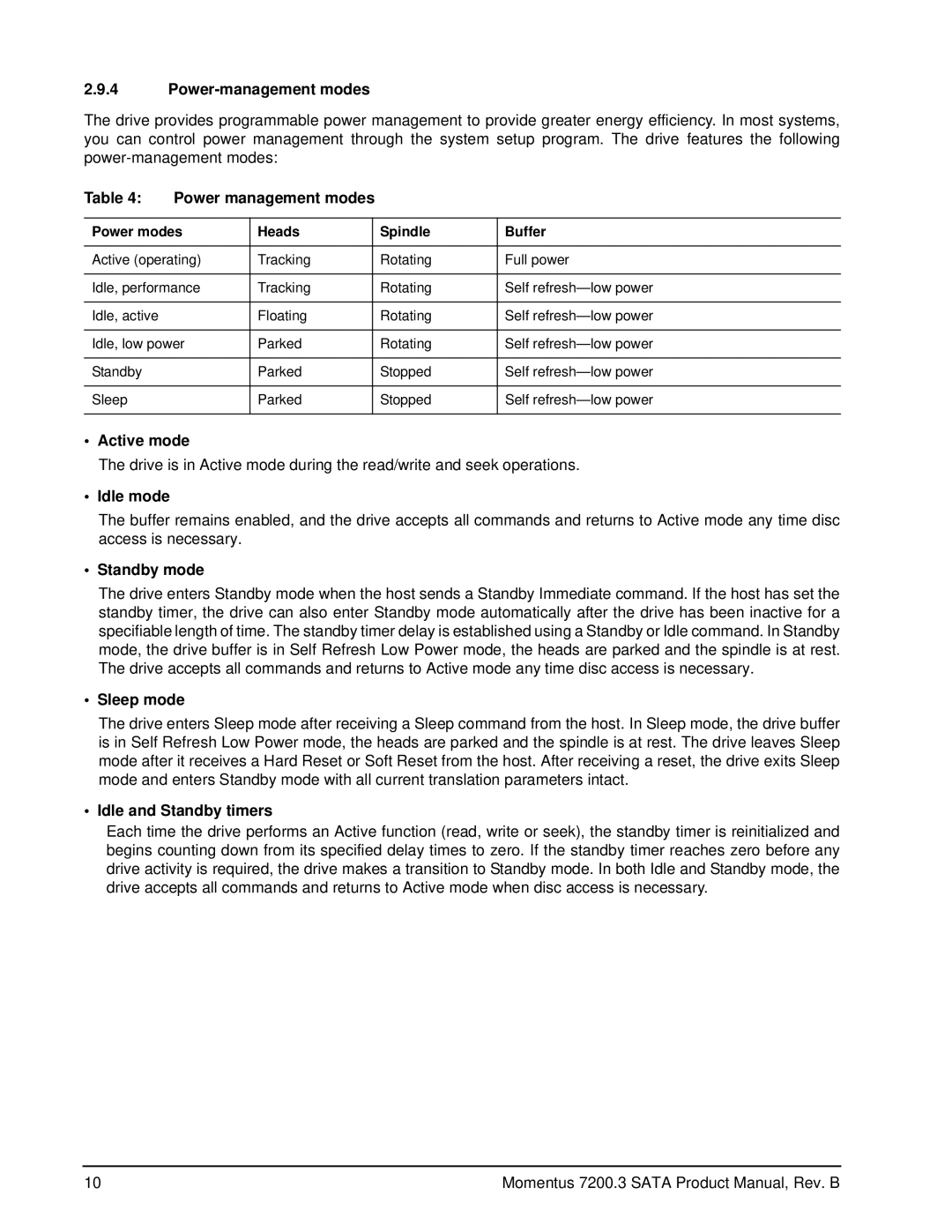 Seagate ST9250421ASG, ST980411ASG manual Power-management modes, Power management modes, Active mode, Idle mode, Sleep mode 