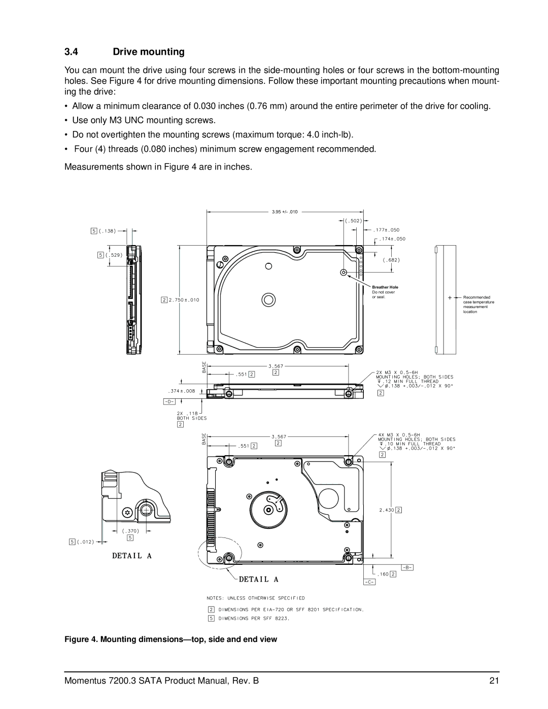 Seagate ST9320421ASG, ST980411ASG, ST9250421ASG, ST9200423ASG Drive mounting, Mounting dimensions-top, side and end view 