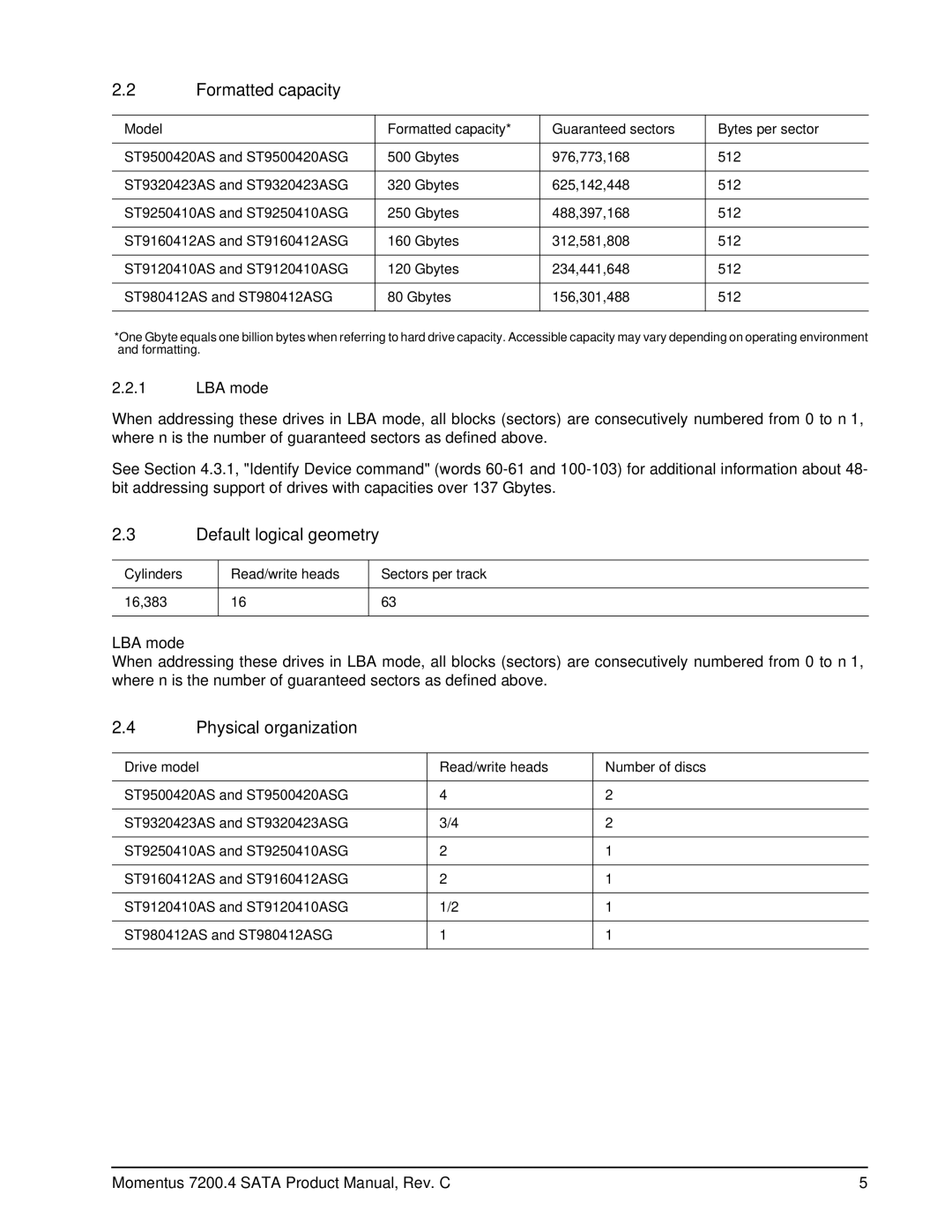 Seagate ST9120410ASG, ST980412ASG manual Formatted capacity, Default logical geometry, Physical organization, LBA mode 