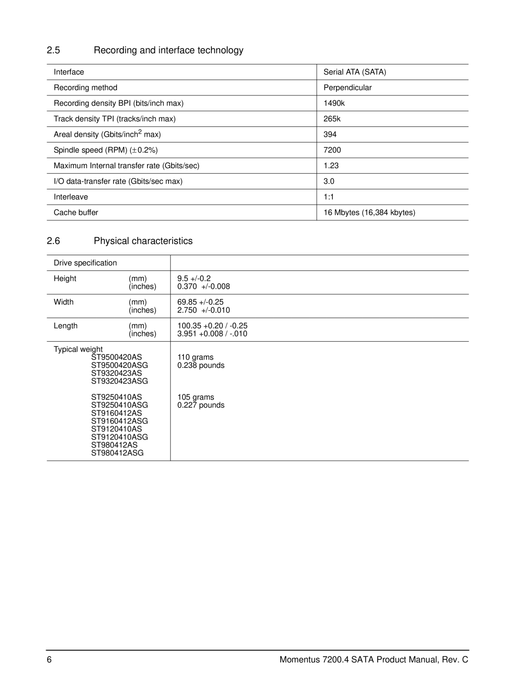 Seagate ST9120410AS, ST980412ASG manual Recording and interface technology, Physical characteristics, Drive specification 