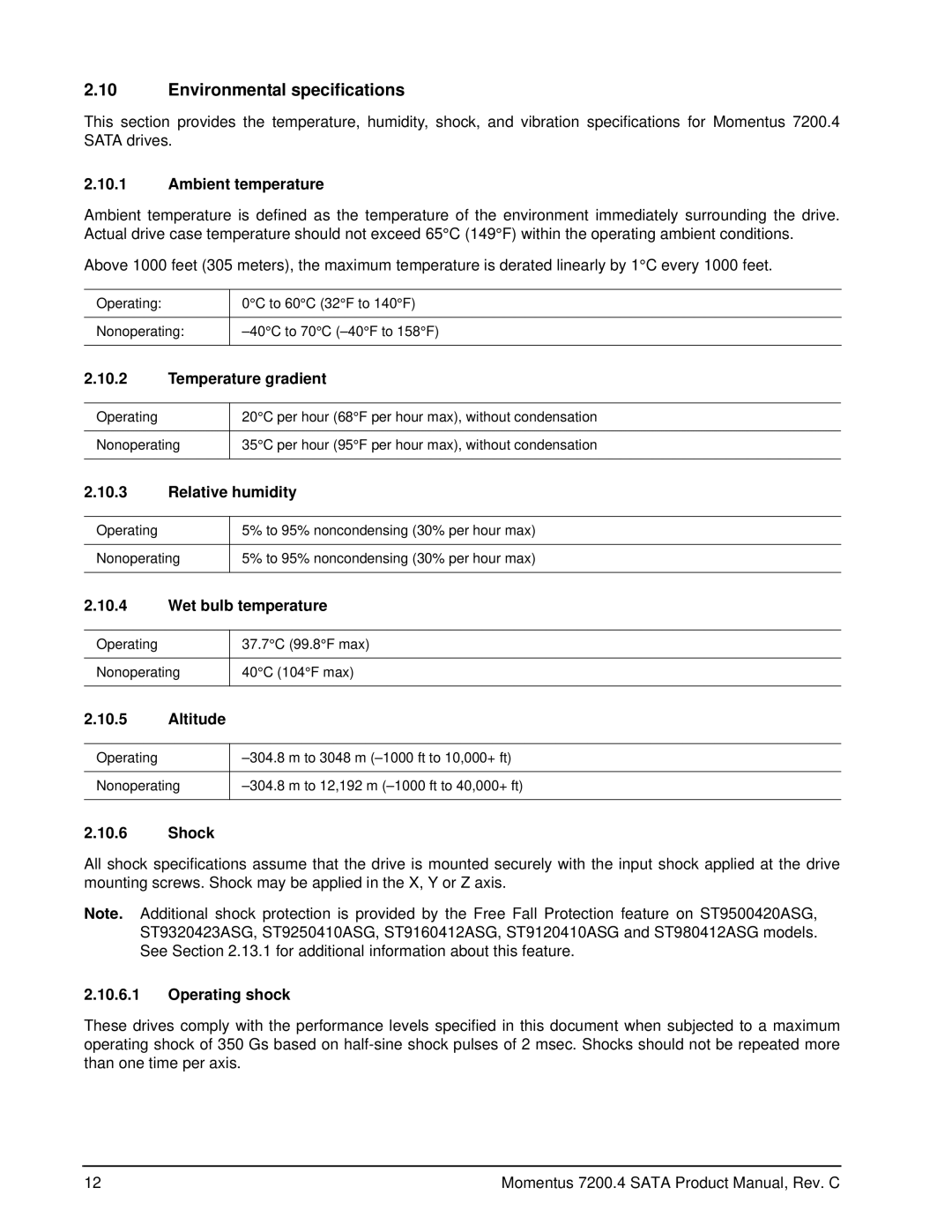 Seagate ST980412ASG, ST9500420ASG, ST9320423ASG, ST9250410ASG, ST9160412AS manual Environmental specifications 