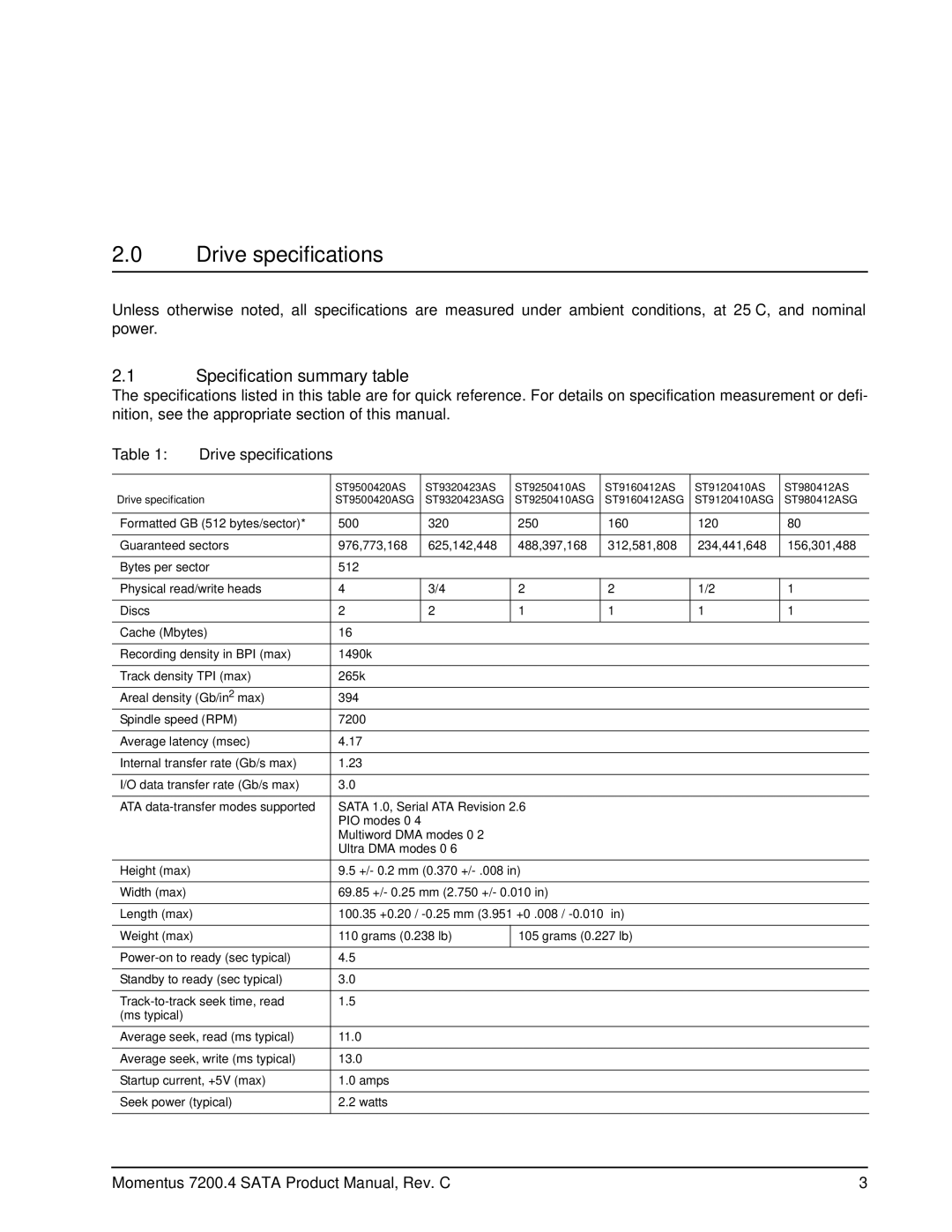 Seagate ST9160314ASIM, ST980412ASG, ST9500420ASG, ST9320423AS manual Drive specifications, Specification summary table 