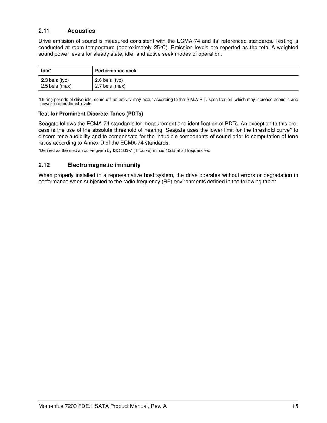 Seagate ST9250424ASG Acoustics, Electromagnetic immunity, Test for Prominent Discrete Tones PDTs, Idle Performance seek 