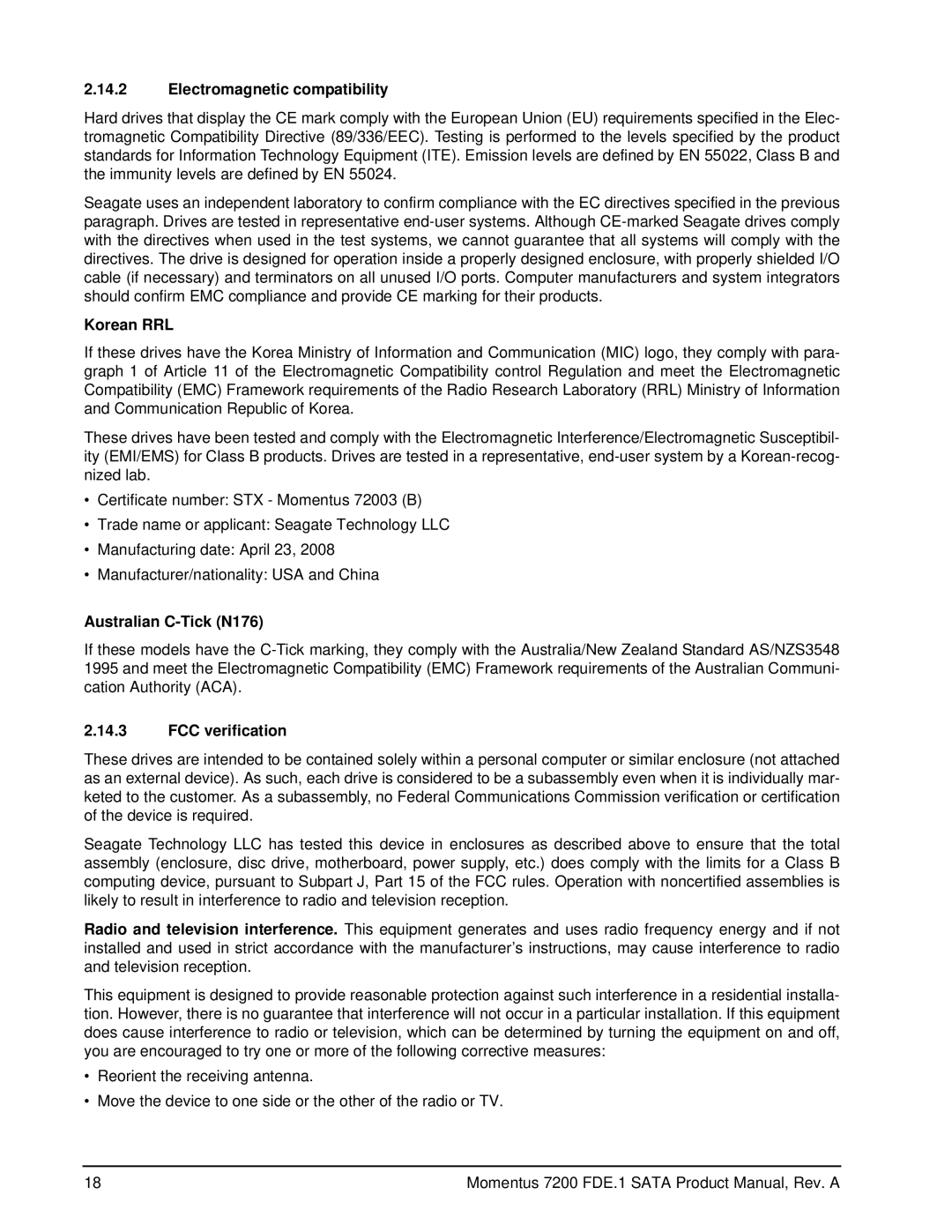 Seagate ST9160414AS, ST980414ASG manual Electromagnetic compatibility, Korean RRL, Australian C-Tick N176, FCC verification 