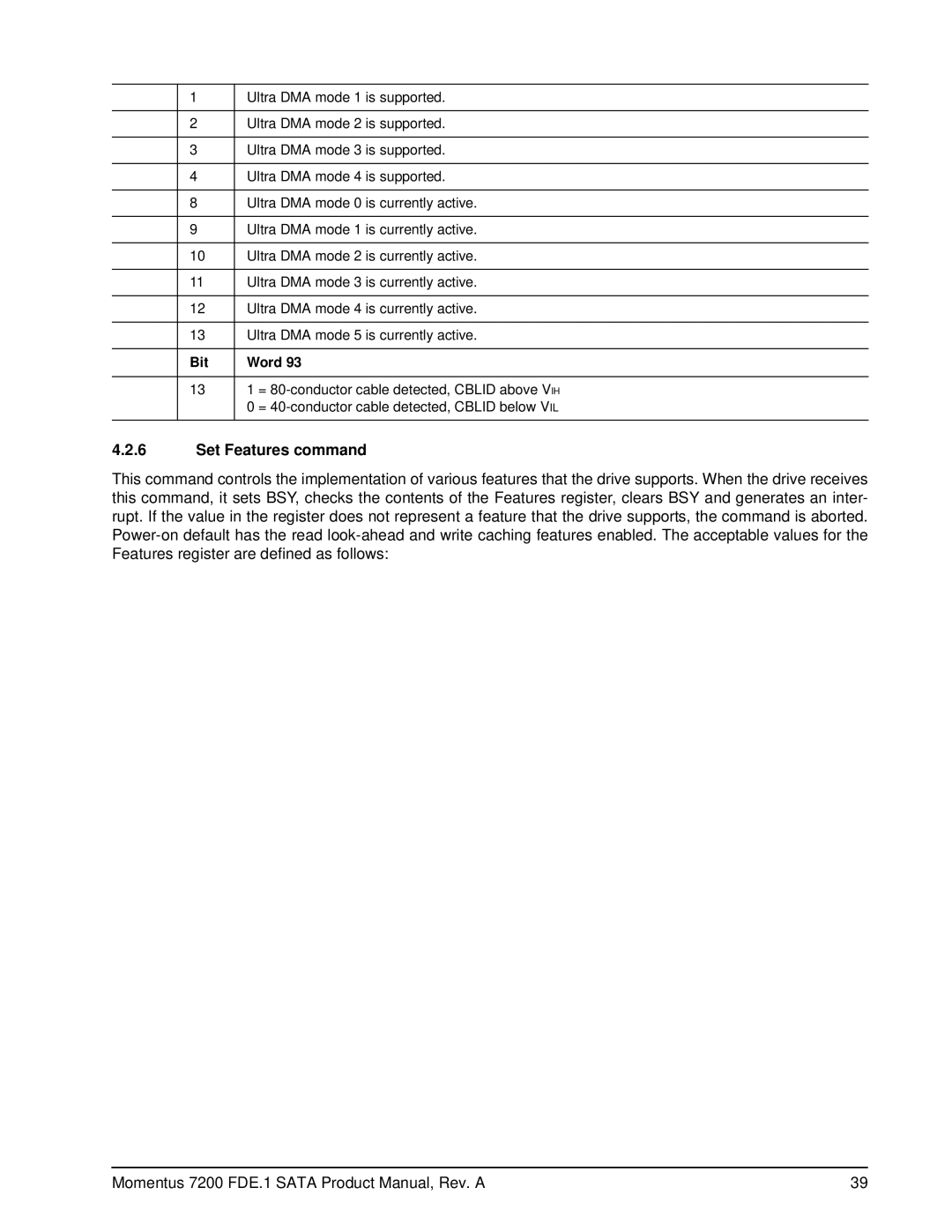 Seagate ST980414ASG, ST9320424ASG, ST9250424ASG, ST9160414ASG, ST9120414ASG manual Set Features command, Bit Word 