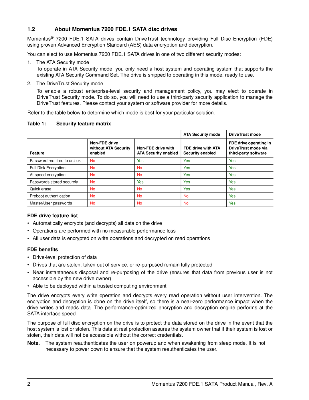 Seagate ST9120414AS manual About Momentus 7200 FDE.1 Sata disc drives, Security feature matrix, FDE drive feature list 