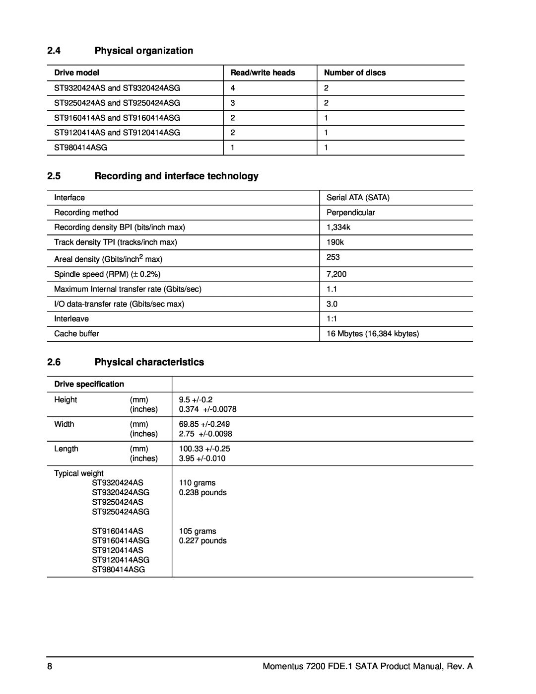 Seagate ST9160414ASG, ST980414ASG manual Physical organization, Recording and interface technology, Physical characteristics 