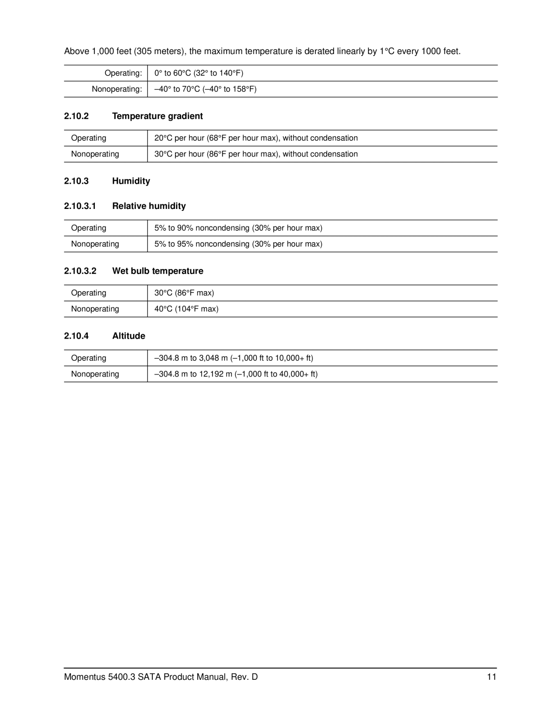 Seagate ST9100828AS, ST980811AS manual Temperature gradient, Humidity Relative humidity, Wet bulb temperature, Altitude 