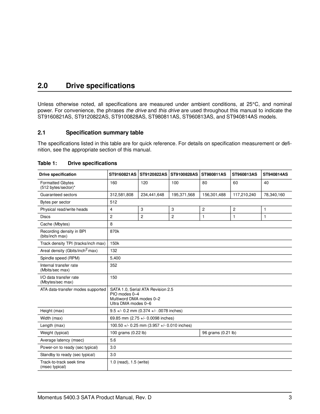 Seagate ST9160821AS, ST980811AS, ST960813AS, ST940814AS, ST9120822AS manual Drive specifications, Specification summary table 