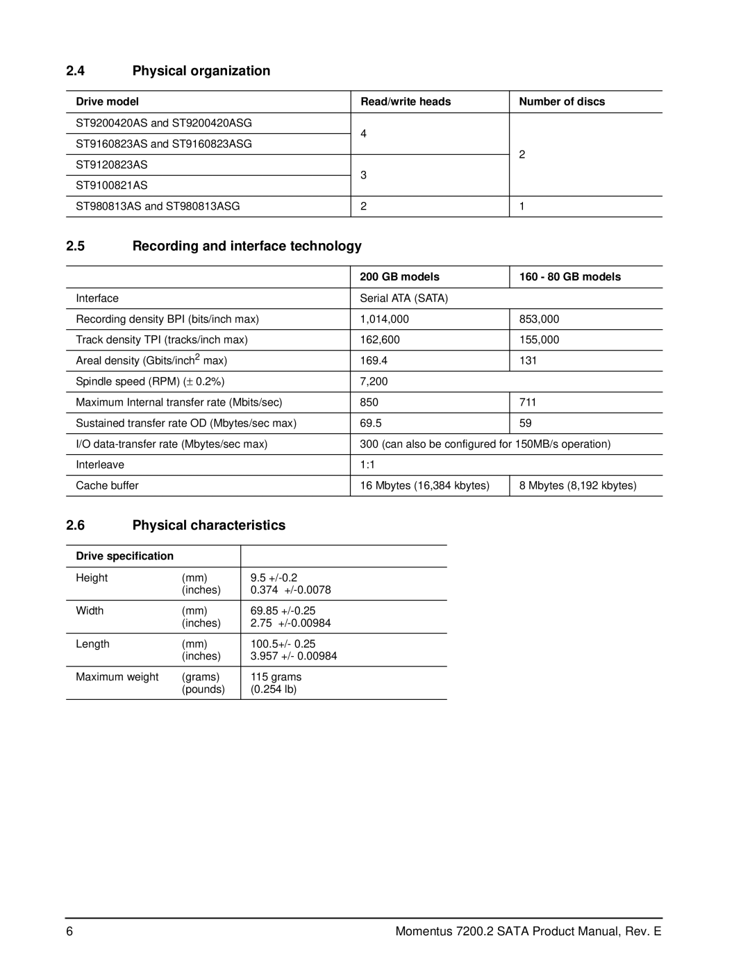 Seagate ST9160823ASG, ST980813ASG manual Physical organization, Recording and interface technology, Physical characteristics 