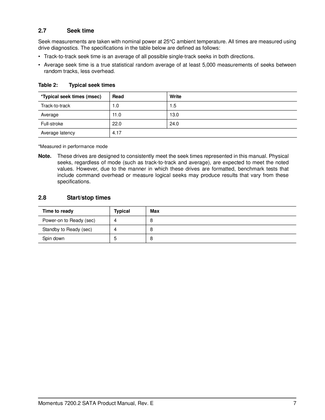 Seagate ST9200420AS manual Seek time, Start/stop times, Typical seek times msec Read Write, Time to ready Typical Max 