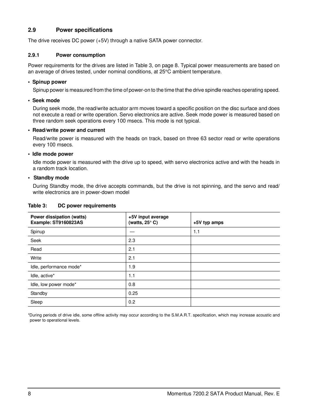 Seagate ST9120823AS, ST980813ASG, ST9200420ASG, ST9160823ASG, ST9100821AS manual Power specifications 