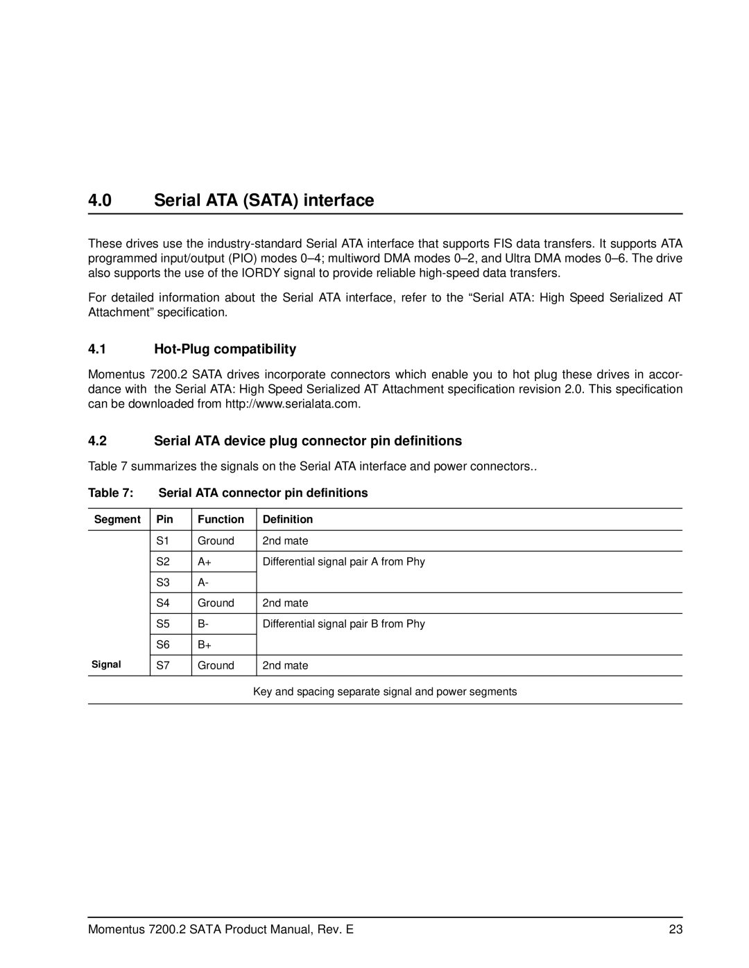 Seagate ST9200420AS manual Serial ATA Sata interface, Serial ATA connector pin definitions, Segment Pin Function Definition 