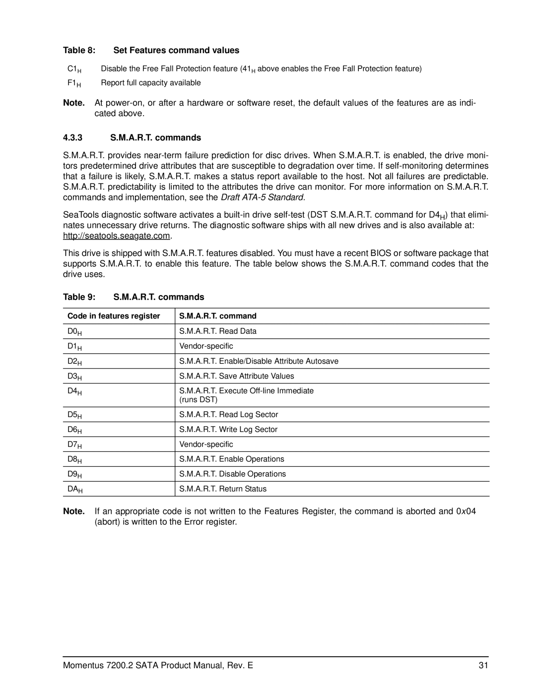 Seagate ST980813ASG, ST9200420ASG, ST9160823AS manual 3 S.M.A.R.T. commands, Code in features register A.R.T. command 