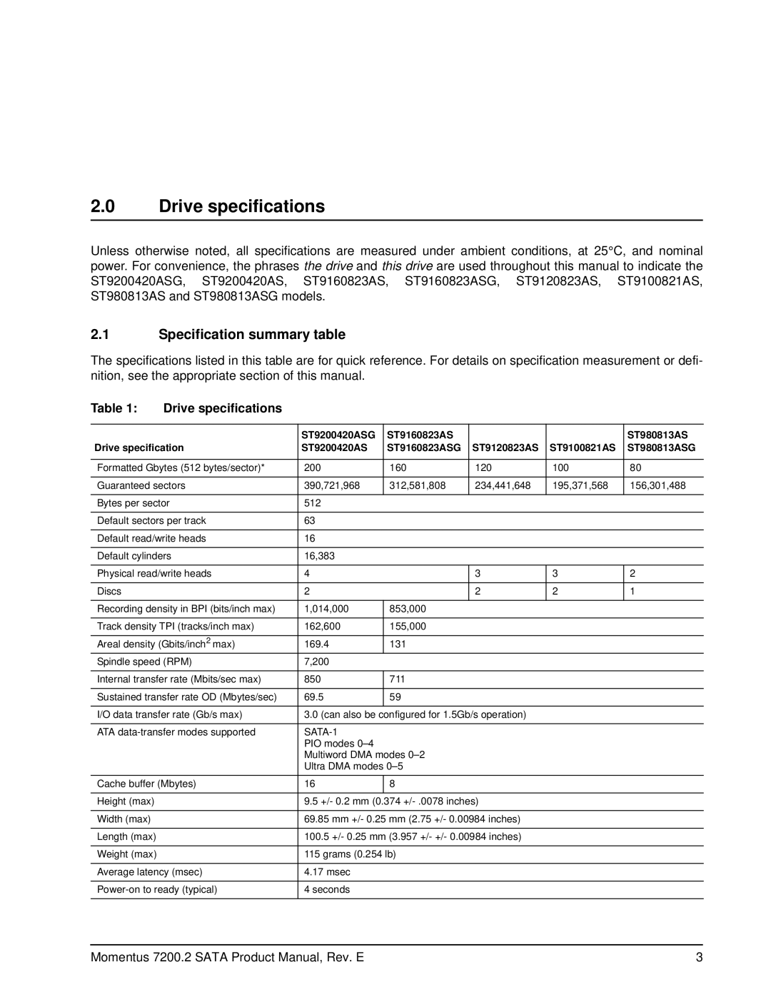 Seagate ST980813ASG, ST9200420ASG, ST9160823ASG, ST9120823AS manual Drive specifications, Specification summary table 