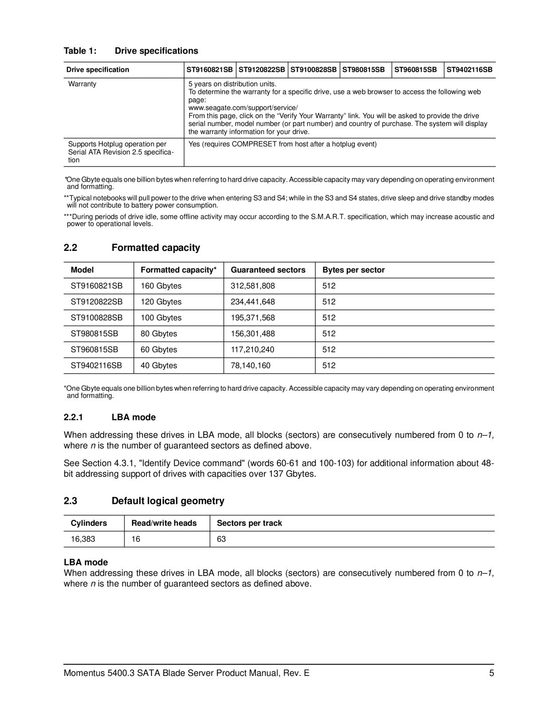 Seagate ST9100828SB, ST980815SB, ST960815SB, ST9402116SB, ST9160821SB Formatted capacity, Default logical geometry, LBA mode 