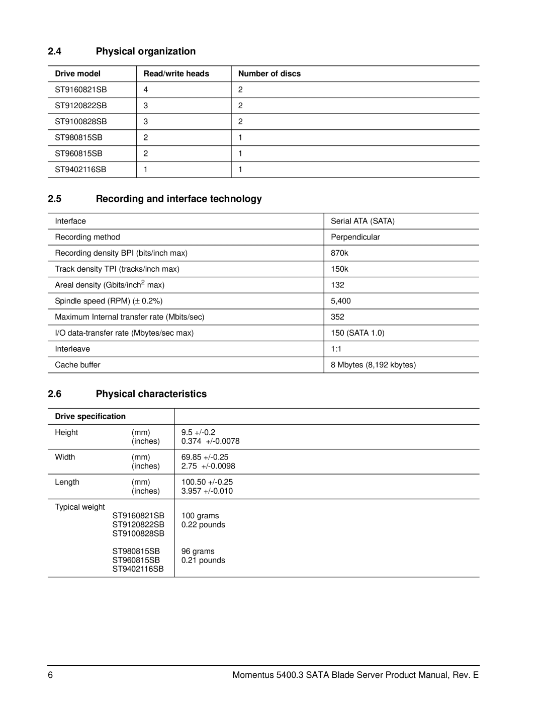 Seagate ST980815SB, ST960815SB manual Physical organization, Recording and interface technology, Physical characteristics 