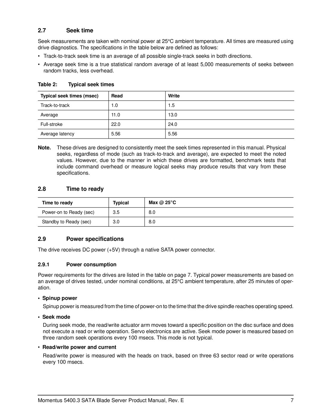 Seagate ST960815SB, ST980815SB, ST9402116SB, ST9160821SB, ST9120822SB manual Seek time, Time to ready, Power specifications 