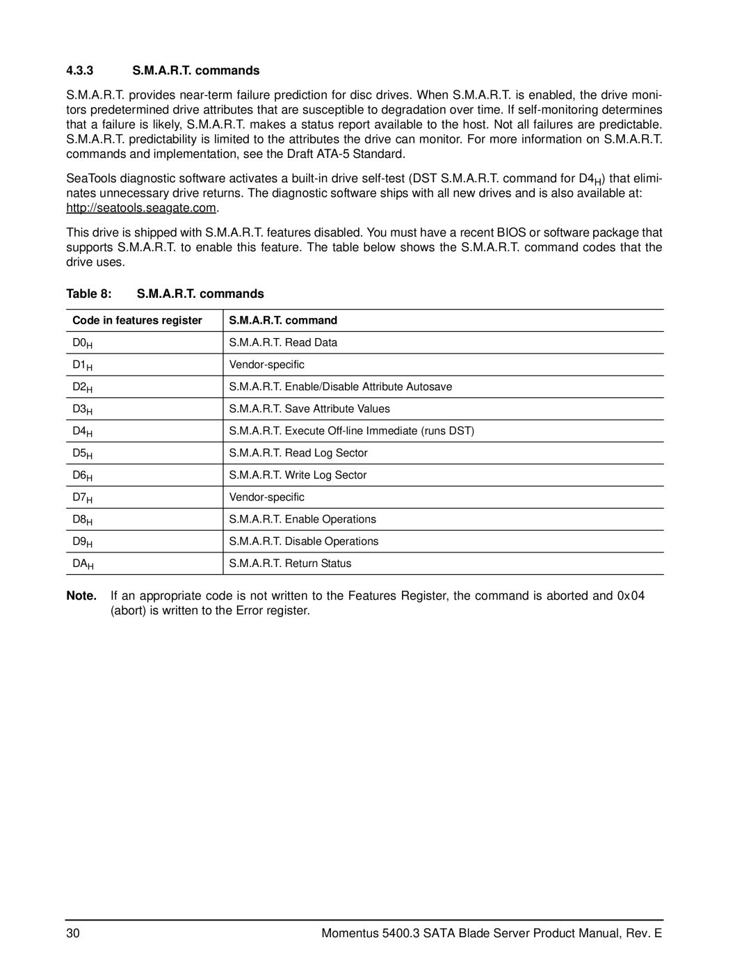 Seagate ST980815SB, ST960815SB, ST9402116SB, ST9160821SB 3 S.M.A.R.T. commands, Code in features register A.R.T. command 