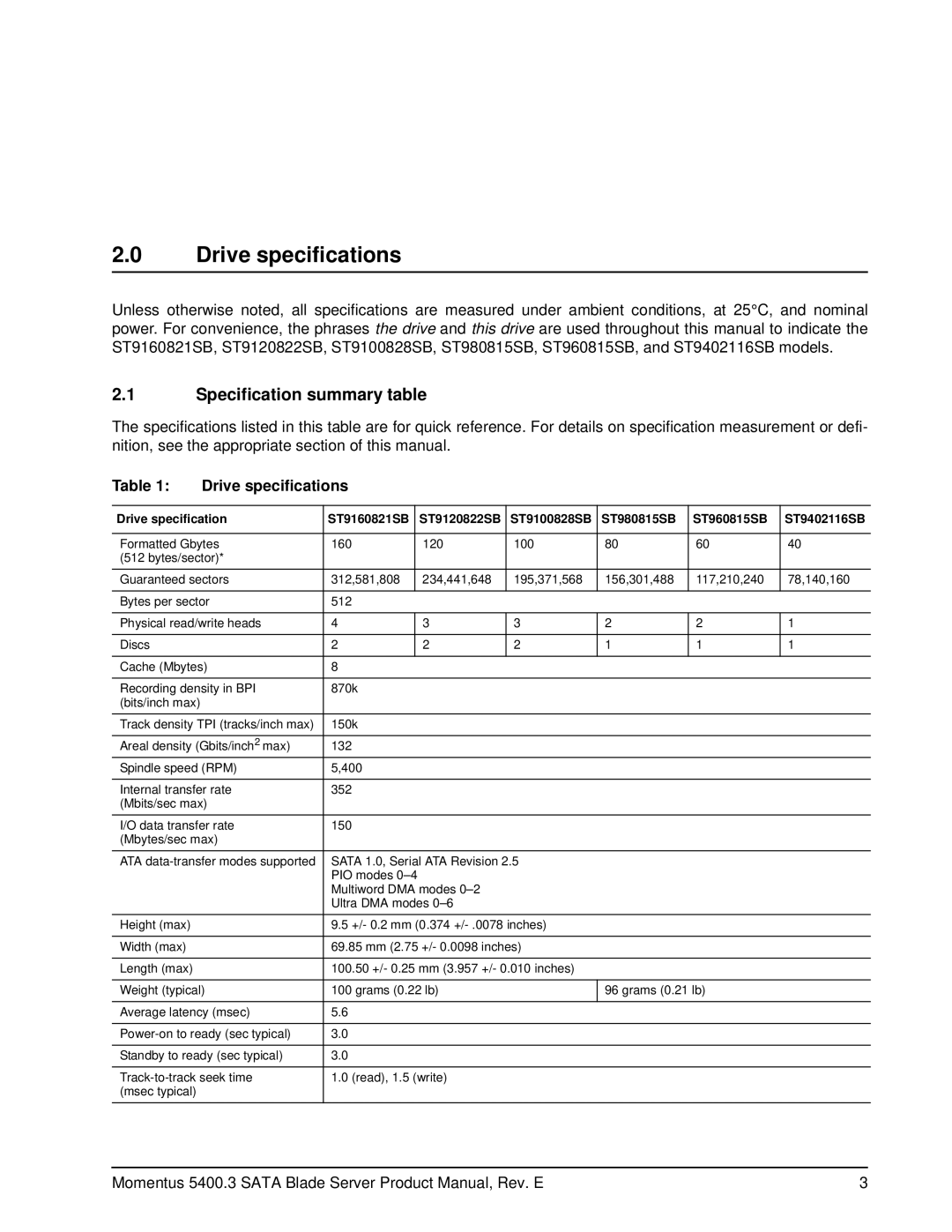 Seagate ST9160821SB, ST980815SB, ST960815SB, ST9402116SB, ST9120822SB manual Drive specifications, Specification summary table 