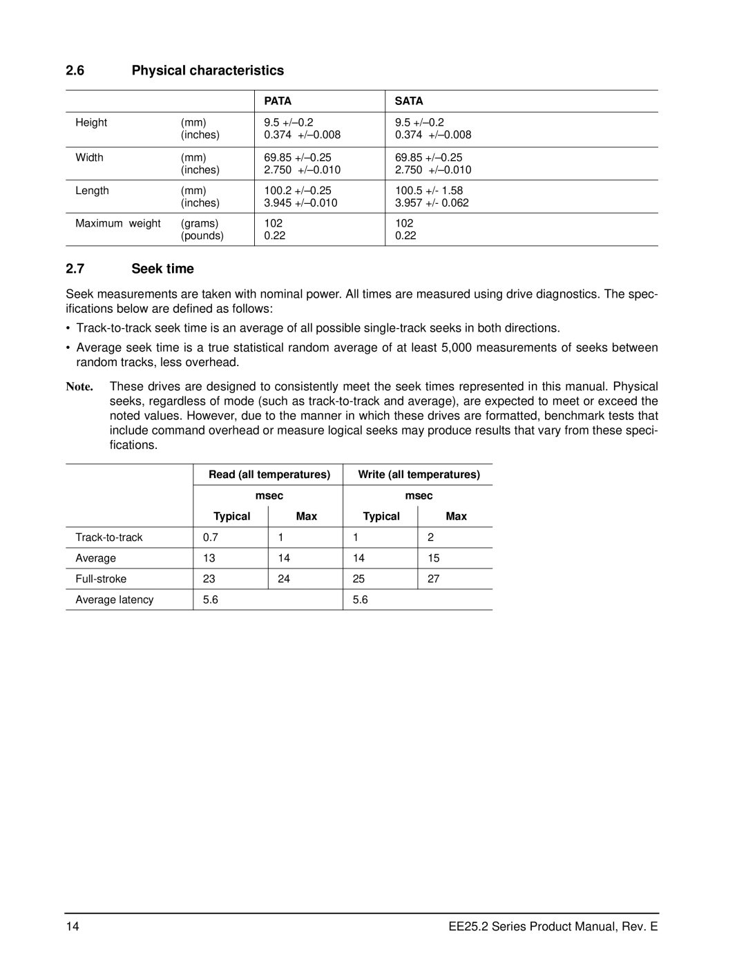 Seagate ST960818SM manual Physical characteristics, Seek time, Read all temperatures Write all temperatures, Typical Max 