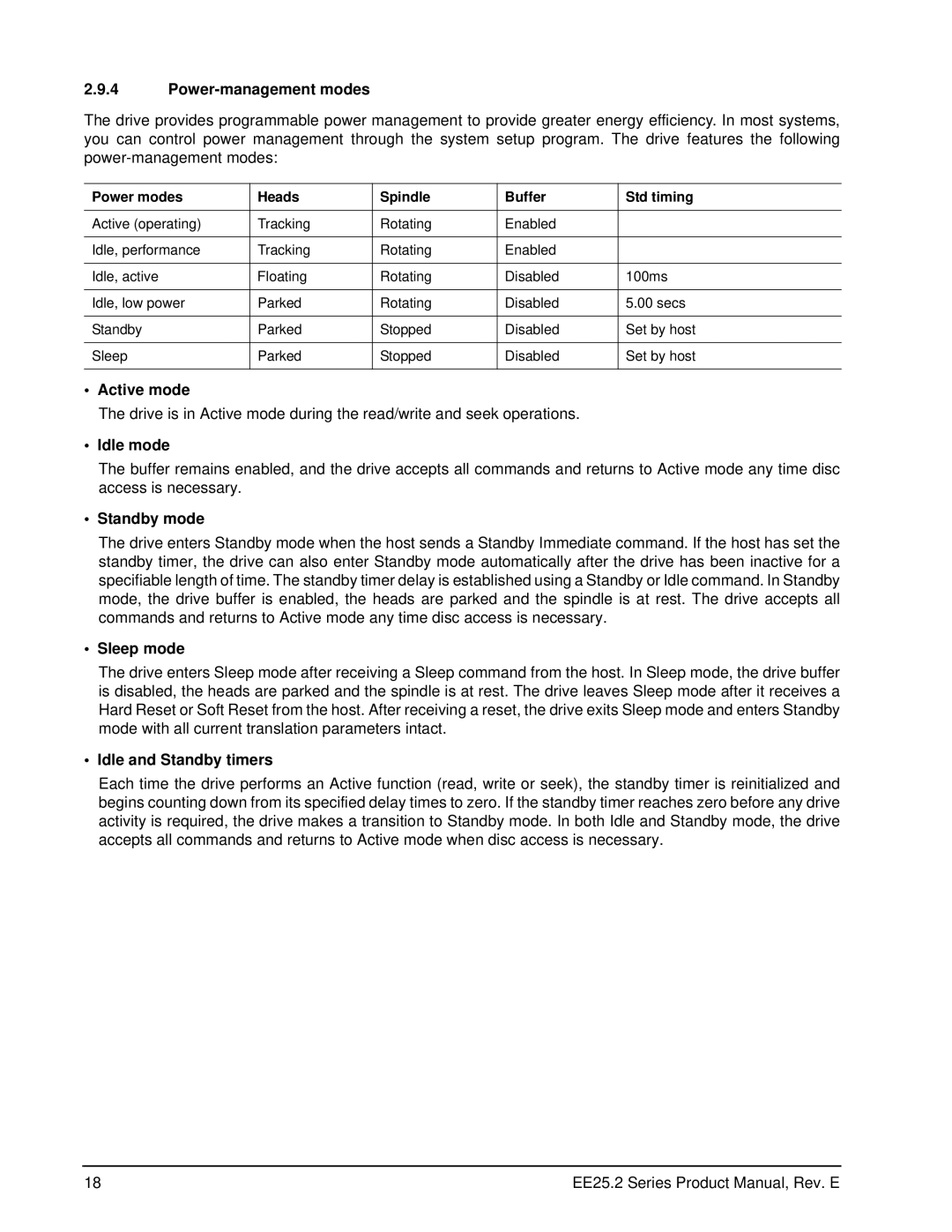 Seagate ST940818AM, ST980818AM manual Power-management modes, Active mode, Idle mode, Sleep mode, Idle and Standby timers 