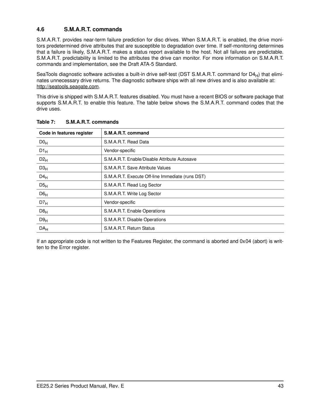 Seagate ST960817AM, ST980818AM, ST980817SM, ST980818SM manual S.M.A.R.T. commands, Code in features register A.R.T. command 